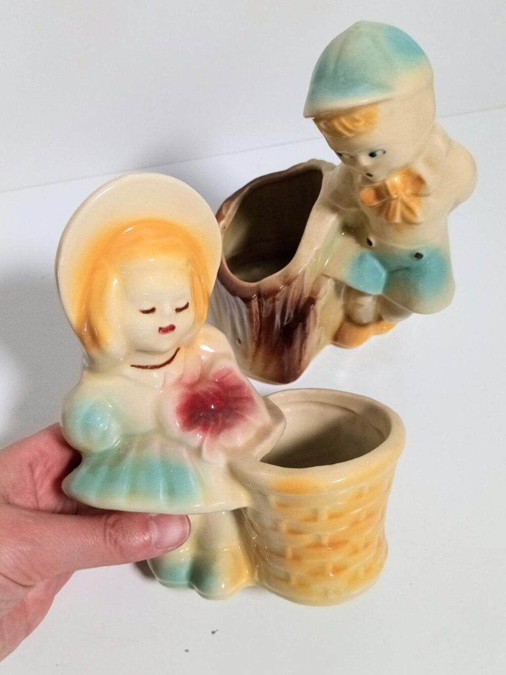 Vintage 1950s Mid Century Shawnee Pottery Planter Boy and Girl Set Figures